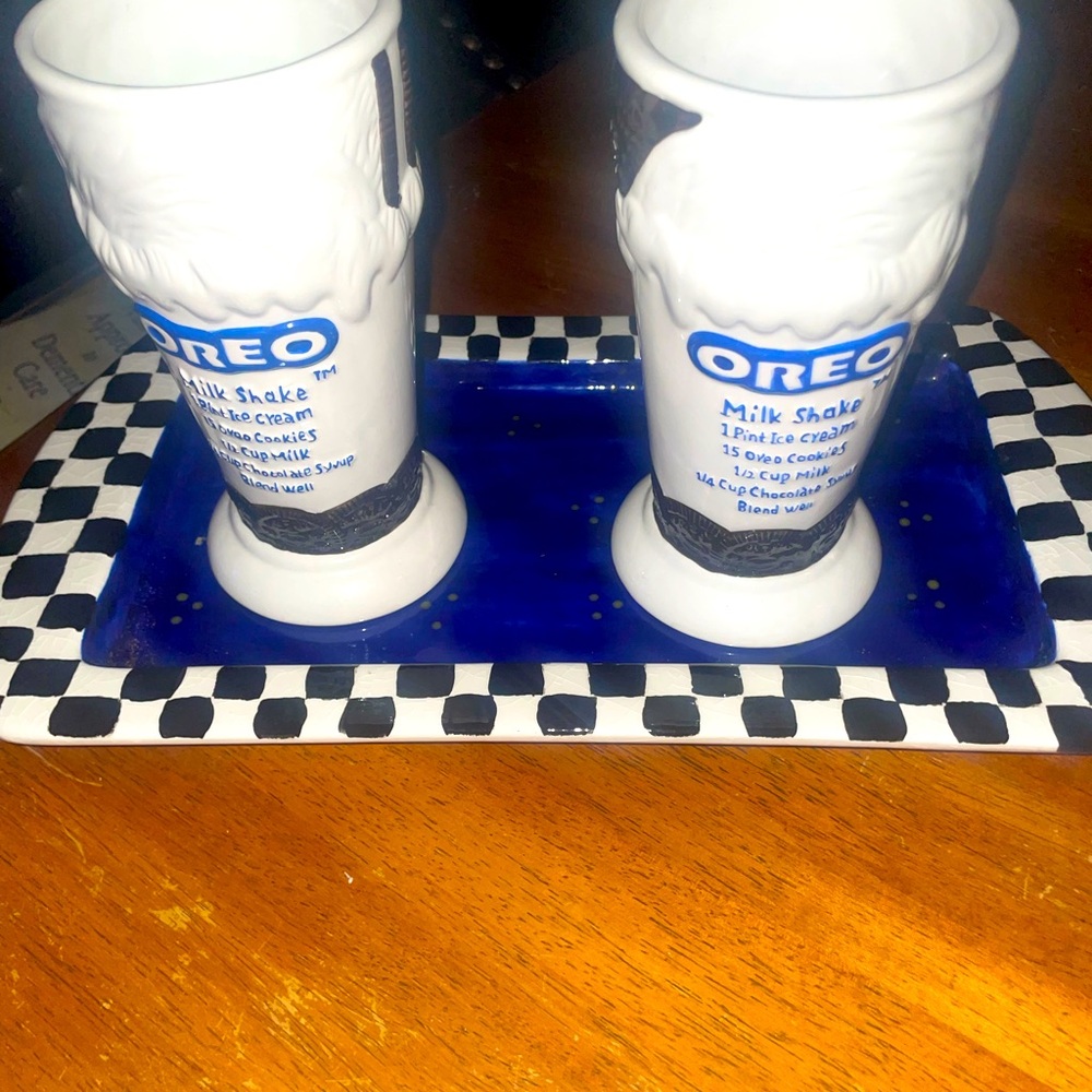 Oreo shake large cups with a hand painted tray with checkers. 3 pieces in set